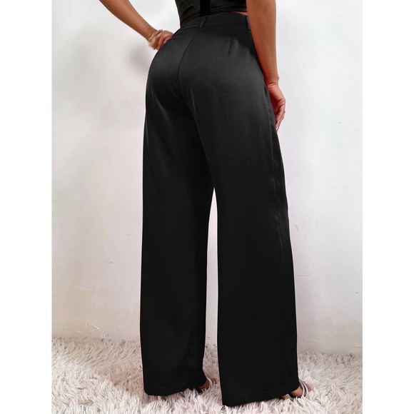 High Waist Plicated Detail Satin Tailored wide leg dress Pants black - Picture 3 of 6